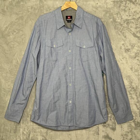 Quiksilver Shirt Mens Large Blue Hankerson Long Sleeve Button Front Roll Tab NEW - Picture 1 of 10